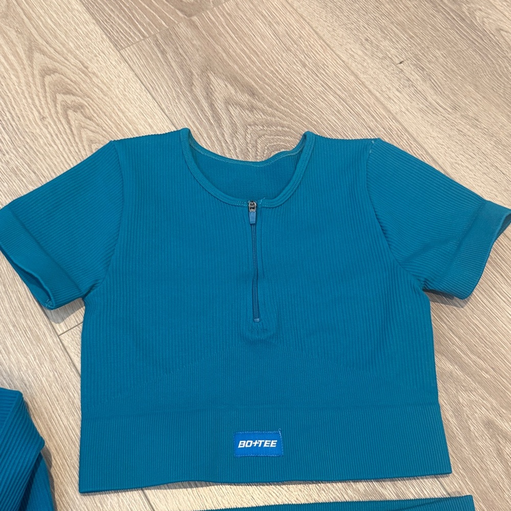 Bo + Tee Teal Endure ribbed fitness workout gym set cropped tops and leggings XS - Picture 10 of 11